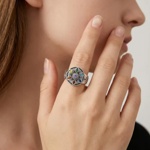 Vista 4 de Fenthring Anillo de chakra mandala para mujer, joyería de yoga y flor de Mandala-101-Chapado en oro