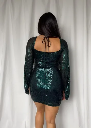 Vista 2 de CWOAPO Vestidos de manga larga con lentejuelas para adolescentes 2024 brillante ajustado cuello cuadrado vestido formal de cóctel de graduación