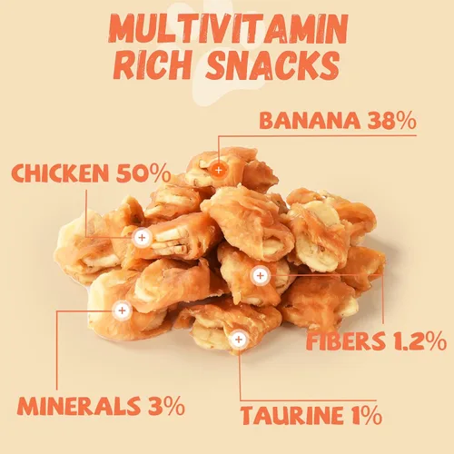 Vista 2 de Pawmate Dog Treats - Rebanadas de plátano envueltas en pollo con 1% de taurina, aperitivos de entrenamiento saludables ricos en fibra natural