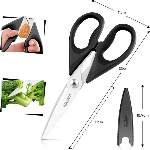 Vista 3 de iBayam Tijeras de cocina multiusos con funda protectora, tijeras de acero inoxidable duraderas, aptas para lavavajillas, mango cómodo de agarre suave