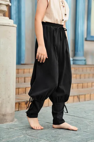 Vista 3 de Pantalones de tobillo medievales para niños, disfraz de pirata renacentista, disfraz de pirata y banda cónica gótica mercenaria
