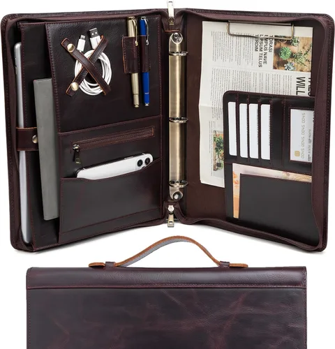 Vista 17 de Carpeta de 3 anillos de cuero vegano con portapapeles, mango oculto, 8.5 x 11 pulgadas con cremallera, organizador de negocios, folio ejecutivo Negro