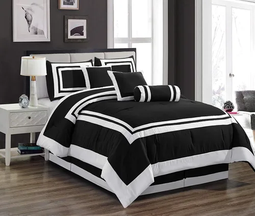 Vista 14 de Chezmoi Collection Caprice Juego de ropa de cama con edredón, de 7 piezas, estilo hotel, con patrón cuadrado en bloque de color moderno