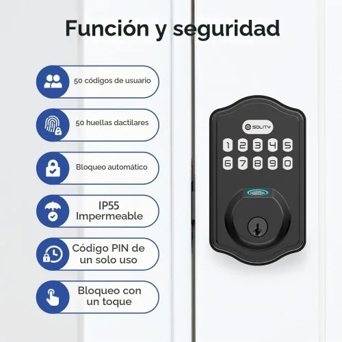 Vista 5 de Solity Cerradura electrónica digital inteligente, entrada sin llave, bloqueo automático, 50 códigos personalizados y huellas dactilares, fácil