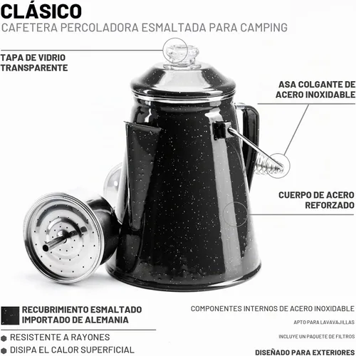 Vista 2 de COLETTI Cafetera Percolator clásica: la cafetera de camping más nostálgica, ahora modernizada [esmalte negro, 12 tazas]