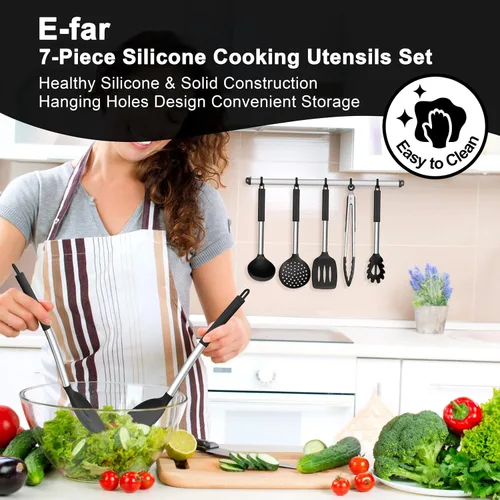 Vista 7 de E-far Juego de utensilios de cocina de silicona, 7 piezas de utensilios de cocina resistentes al calor con mango de acero inoxidable, espátula