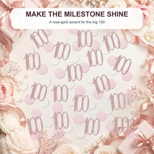 Vista 7 de Confeti de oro rosa 100, confeti número 100 con purpurina, 200 piezas de decoración de mesa de fiesta de aniversario