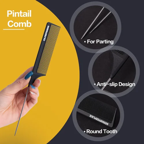 Vista 3 de 4 peines de cola de rata, peines de cola de rata, peine de dientes finos con púa de metal para cabello rizado, peines desenredantes para mujeres