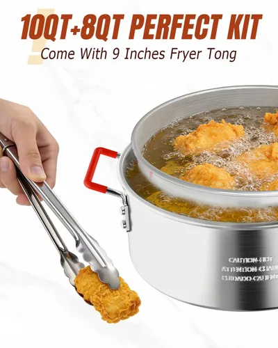 Vista 3 de Freidora de pescado de aluminio de 10 cuartos con cesta, freidora con tapa, termómetro, pinzas para freidora y mango de fácil agarre para cocinar