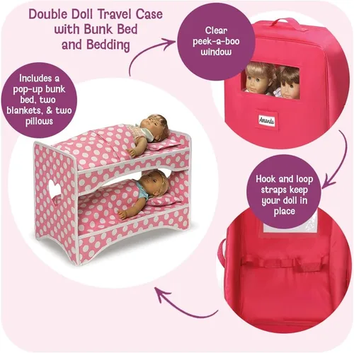Vista 2 de Badger Basket Estuche de viaje doble para muñecas, se adapta a muñecas de 18 pulgadas, incluye 2 camas para muñecas, mantas, compartimentos