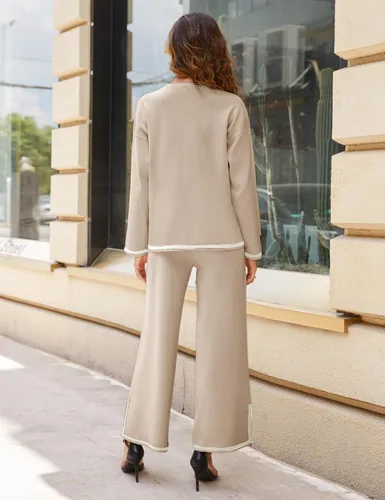 Vista 5 de Himosyber Conjunto de suéter de 2 piezas para mujer, sudadera de punto sin botones y pantalones deportivos