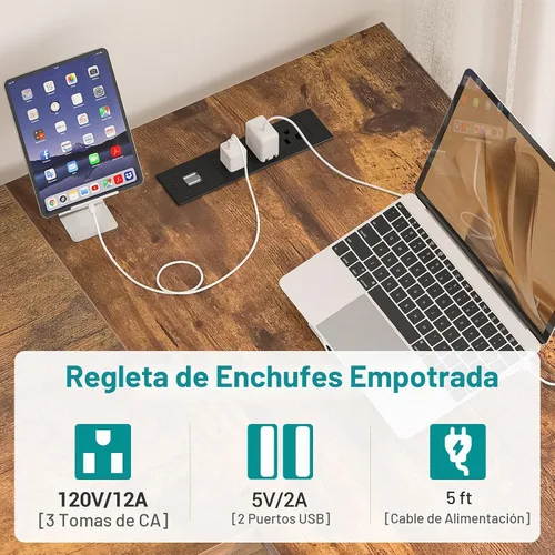 Vista 4 de Escritorio reversible en forma de L para computadora con tomas de corriente y puertos de carga USB, escritorios esquineros resistentes con estante