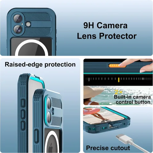 Vista 6 de Funda impermeable para iPhone 17 con protector de lente de cámara de pantalla integrado, a prueba de polvo 360, cuerpo completo, resistente, grado