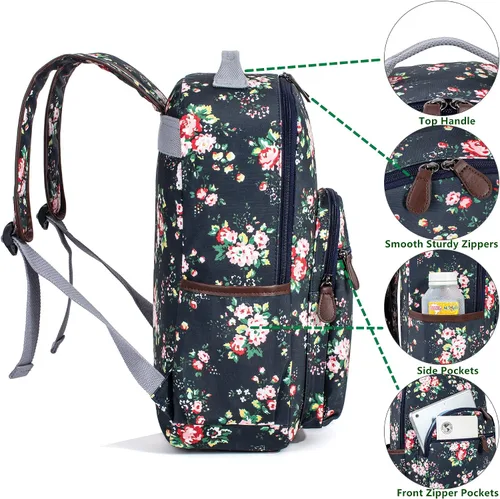 Vista 65 de Leaper Mochila para laptop para mujer: linda mochila floral para escuela, universidad, viajes, trabajo, mochila ligera para niños, Negro margarita