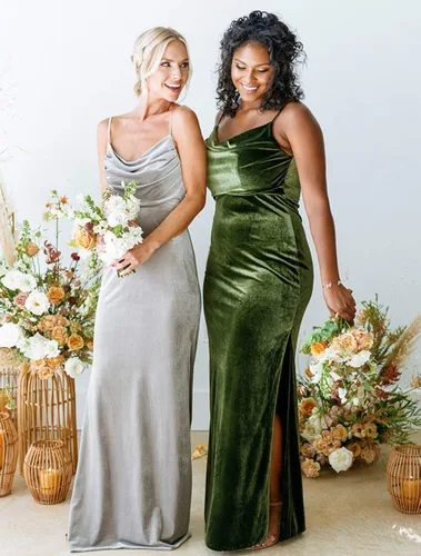 Vista 2 de Vestido de dama de honor de terciopelo con cuello vuelto para mujer, largo, moderno, formal, para invitada de boda, con abertura lateral, M005