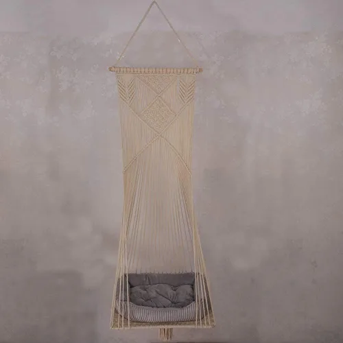 Vista 8 de Hamaca colgante de macramé para gatos, cama columpio para gatos, para ahorrar espacio, perca con algodón lavado para gatos, juguete con borlas