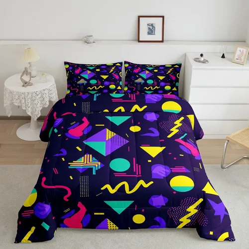 Vista 15 de Juego de edredón de estilo retro de los años 80, juego de ropa de cama de patrón geométrico abstracto, diseño urbano moderno con círculos