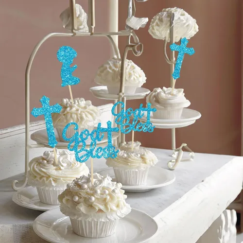 Vista 9 de Gyufise 24 piezas de decoración de cupcakes con purpurina azul que Dios bendiga y cruz, decoración de pastel para baby shower, bautismo, fiesta