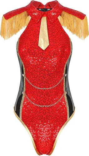 Vista 4 de YiZYiF Disfraz de trapecio de espectáculo de circo de lentejuelas para mujer, traje de juego de rol