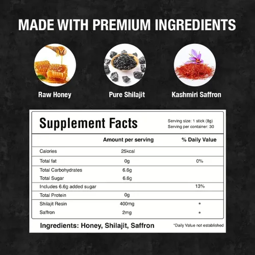 Vista 6 de BARGAD Palitos Shilajit puros del Himalaya con miel orgánica y azafrán (7 unidades) Palitos Shilajit fáciles de un solo uso Aumenta la energía