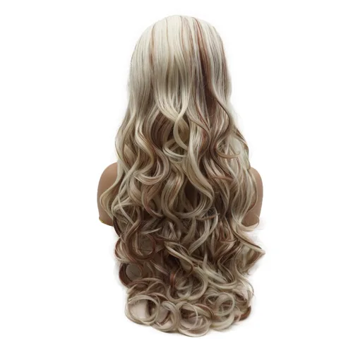 Vista 5 de Peluca de cabello sintético con encaje frontal, ondulado, largo, de 26 pulgadas, mezcla de castaño rojizo, densidad pesada, resistente al calor