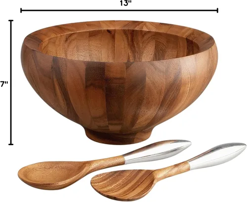 Vista 2 de Nambe Yaro - Ensaladera de madera de acacia con 2 servidores de ensalada, hecho de aleación de madera de acacia, cuencos grandes de madera profunda