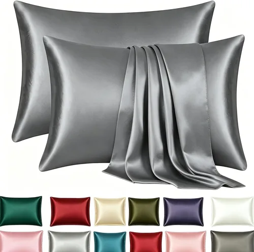 Vista 8 de Juego de 2 fundas de almohada de seda satinada de lujo para cabello y piel, fundas de almohada de satén con cierre de cremallera (estándar