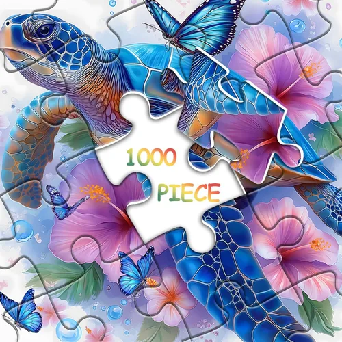 Vista 8 de Sea Turtle Puzzles for Adults 1000 Piece, PICKFORU Flower Animal Art Jigsaw Puzzles Nature, Unique Floral Butterfly Blue Turtle Puzzles for Adults