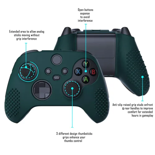 Vista 3 de eXtremeRate PlayVital Racing Green 3D Studded Edition Anti-Slip Silicone Cover Skin for Xbox Series X Controller, Soft Rubber Case Protector for
