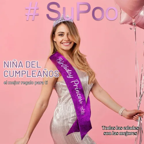 Vista 3 de SuPoo Kit de banda y corona de cumpleaños morada, tiara de princesa con peine, banda con purpurina para mujer, diadema de cristal para niñas