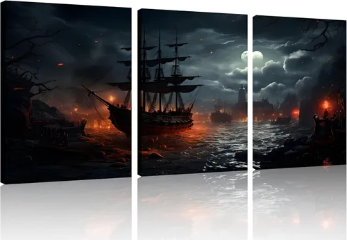 Vista 35 de TutuBeer 3 Piezas Arte de Pared Batalla Naval Barco Imagen Barco Pirata Velero Póster Barco Pirata Azul en Llamas Imagen Impresa en Lienzo Póster