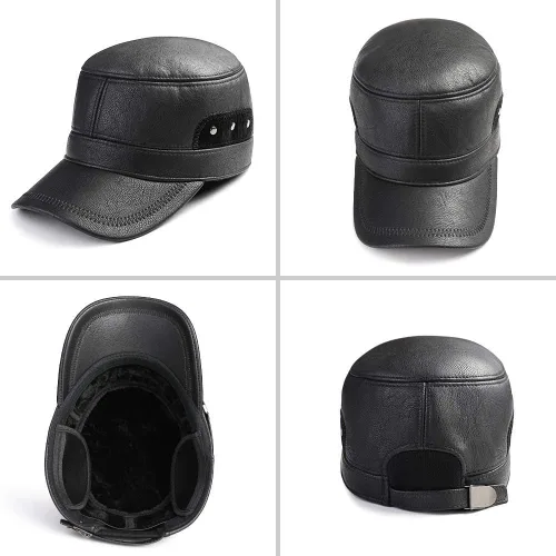 Vista 2 de Sumolux Gorra de cuero de invierno con orejeras militares cadete ejército sombrero superior plano al aire libre