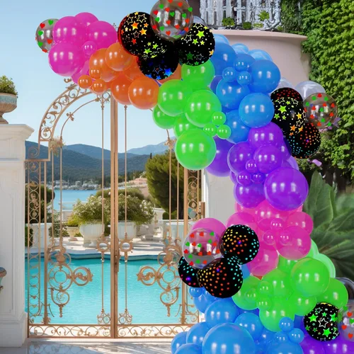 Vista 6 de Kit de arco de globos de neón UV que brillan en la oscuridad, globos de arco iris, rojo, azul, amarillo, verde, suministros de fiesta fluorescentes