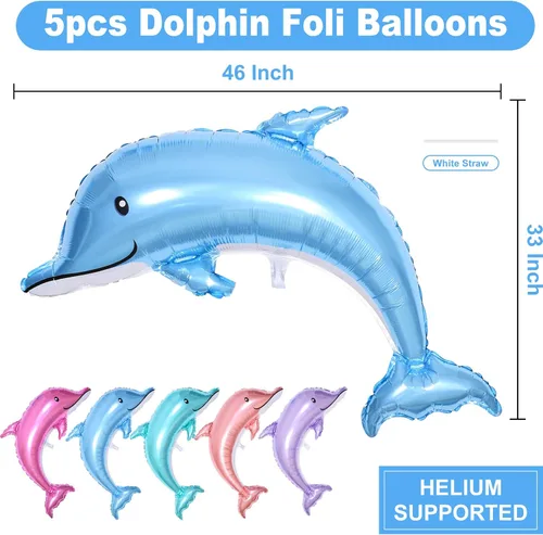 Vista 2 de 5 Globos Gigantes de Delfín, Globos de Lámina Metálica Mylar de Delfín Salpicadura de 46 Pulgadas, Animales Oceánicos para Fiesta de Cumpleaños