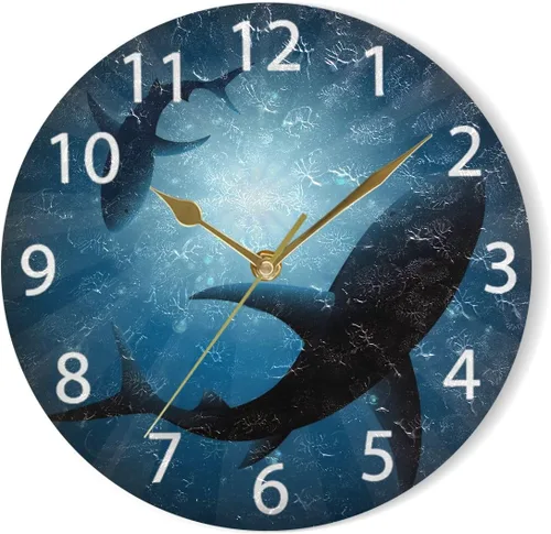 Vista 7 de senya Reloj de pared redondo de tiburones bajo el agua, pintura al óleo silenciosa sin tictac, decorativo para el hogar, oficina, escuela, reloj
