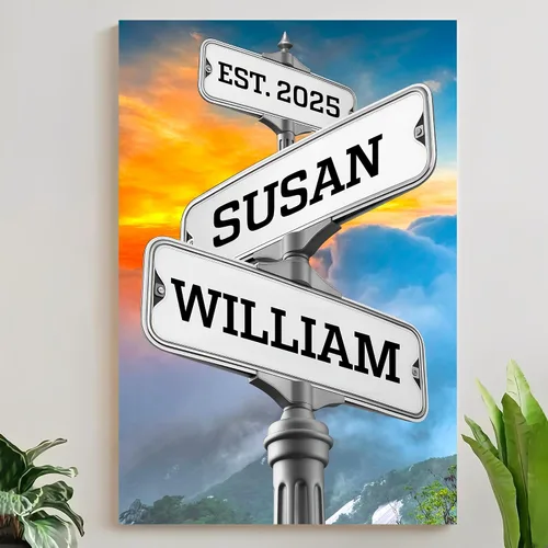 Vista 16 de Mapileng Lienzo personalizado de Crossroads Street Sign para parejas, nombres personalizados y fecha, arte de pared vintage, regalo del día de San