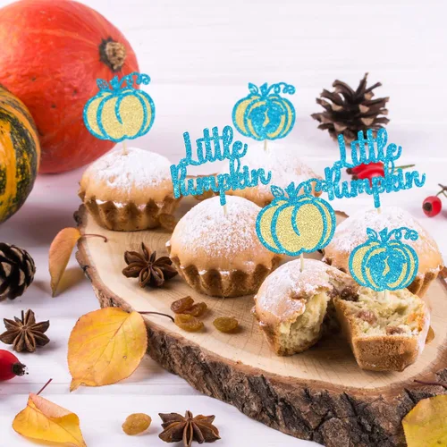 Vista 7 de Gyufise 24 piezas de decoración de cupcakes de calabaza con purpurina para temática de otoño, Acción de Gracias, Halloween, baby shower, niños
