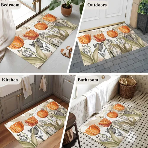 Vista 7 de 2x3 Area Rugs, Orange Flower Non Slip Area Rugs for Living Room, Bedroom, Barhroom, Entryway, Watercolor Retro Tulip Floral Butterfly Soft Kitchen