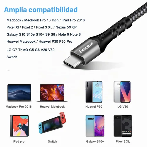 Vista 6 de Fasgear Cable USB C a USB C de 1.6 pies, tipo C USB 3.1 Gen 2 10Gbps 4K @60Hz Salida 5A 100W Entrega de energía de carga rápida (PD), para estación