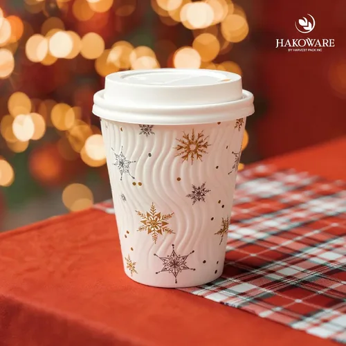 Vista 6 de Harvest Pack - Juego de 100 tazas de café desechables de Navidad de 12 onzas con tapas, tazas de papel caliente aisladas con copos de nieve blancos