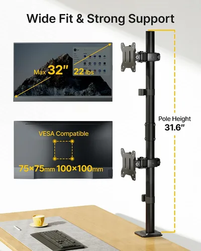 Vista 2 de monTEK Soporte Vertical Estable para Dos Monitores, Soporte de Escritorio Apilado para Dos Pantallas de 17-32 Pulgadas, Brazo de Movimiento Completo