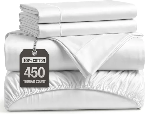 Vista 44 de LANE LINEN Sábanas de cama individual – 450TC algodón peinado de fibra larga de alta calidad, color blanco Soft & Breathable Twin Sheet &