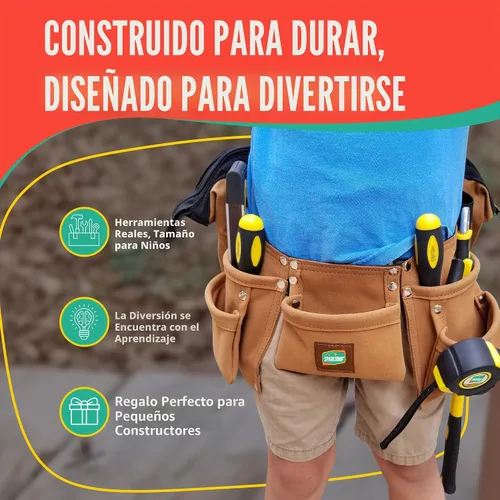 Vista 6 de SparkJump Juego de herramientas de lujo para niños, herramientas reales con cinturón de herramientas de cuero y caja de herramientas, kit de Marrón