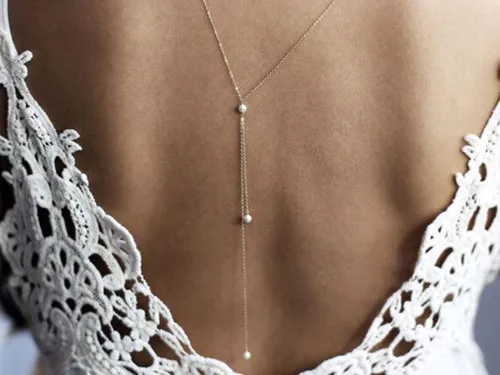 Vista 6 de Olbye Back Necklace Pearl Backdrop Necklaces Body Chain Jewelry for Women and Girls Bridal Jewelry