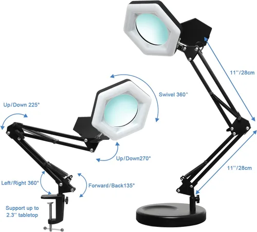 Vista 4 de Lupa con luz y soporte, lámpara de escritorio con lupa LED regulable con abrazadera, 3 modos de color, luces de aumento manos libres para trabajo