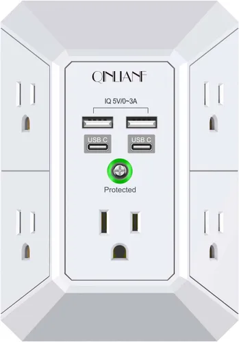 Vista 14 de QINLIANF cargador USB de pared, protector contra sobrecargas, extensor de 5 tomas con 4 puertos de carga USB (4.8 A en total), 3 lados, 1,680 J