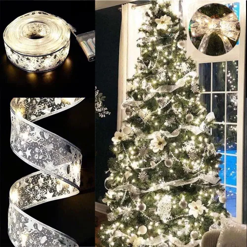 Vista 6 de Hongsome - Luces de cinta para decoración de árbol de Navidad, 32 pies con 100 luces LED, cinta dorada con borde de alambre, luces de hadas