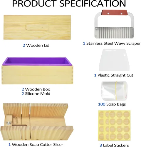 Vista 2 de Artcome Kit de moldes de corte para hacer jabón de pan, 2 moldes rectangulares de silicona de 42 onzas, 2 cajas de madera con tapa, herramienta