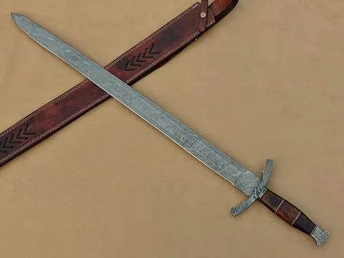 Vista 2 de Espada vikinga de acero de Damasco hecha a mano/espada medieval con funda de cuero.