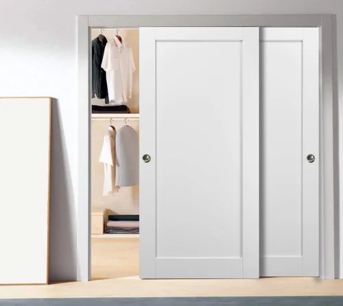 Vista 2 de Puerta corrediza SARTODOORS Quadro 4111 Bypass Puertas interiores, sin vidrio, MDF, 36x80, blanco, accesorios de estilo moderno incluidos